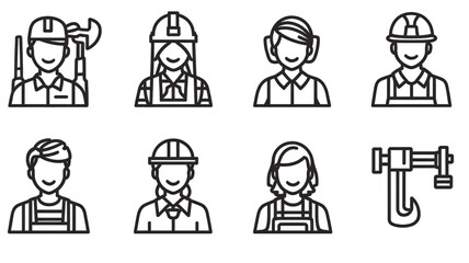 Set of industrial worker and laborer line art icons.
