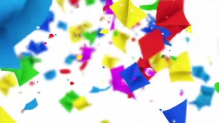 Vibrant explosion of multi-colored confetti falling against a clean white backdrop, perfect for a festive celebration or party theme