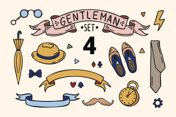 Vintage gentleman set with glasses umbrella stopwatch tie shoes lightning ribbons hat