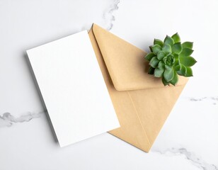 Card, envelope, succulent on marble. Clean, minimalist design