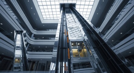 Obraz premium Modern Indoor Shopping Mall with Multiple Escalators Brightly Lit in Contemporary Architectural Style