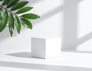 Cube, branch, shadows. Minimalist, clean product display