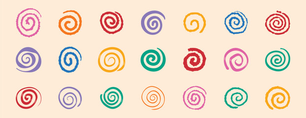 colorful spirals hand drawn swirl circle doodle hand drawn set. funny cute rainbow spirals.