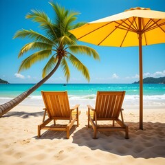 Obraz premium Escape to paradise with a stunning beach view featuring turquoise water, soft sand, palm tree, and inviting chairs under a bright yellow umbrella