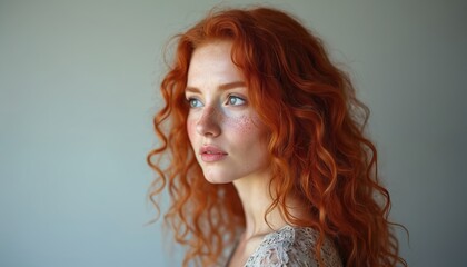 Young beautiful redhead woman with long ginger curly hair, freckles on nose, cheeks. Looks away from camera thoughtfully with blue eyes. Studio portrait highlights natural beauty, vibrant red hair