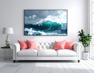 Room sofa, coral pillows, wave art