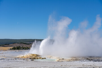 Clepsydra Geyser. Fountain Paint Pot Trail. Lower Geyser Basin in Yellowstone National Park. Hydrothermal System. hot-spring deposits. Extremophile. 
