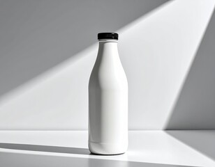 Sleek white bottle with a black cap, casting sharp shadows