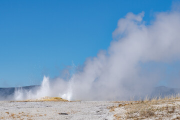 Clepsydra Geyser. Fountain Paint Pot Trail. Lower Geyser Basin in Yellowstone National Park. Hydrothermal System. hot-spring deposits. Extremophile. 
