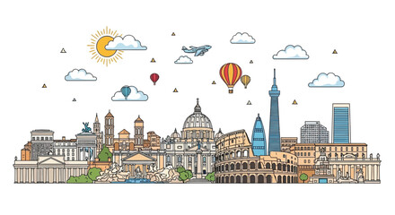 Colorful Skyline Illustration of Famous Landmarks in Rome, Italy, Featuring Art and Travel