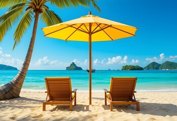 Obraz premium Escape to Paradise: Relax on a Stunning Tropical Beach with Turquoise Water and Golden Sand under a Bright Yellow Umbrella, Ideal for Dream Vacations