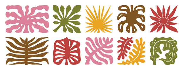 palm tree leaves boho silhouette nature set. groovy summer palm leaf geometric poster. summer abstract square tropical icons freehand retro style © Yanka