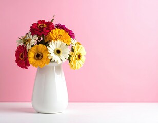 Colorful floral arrangement in white vase against pink wall