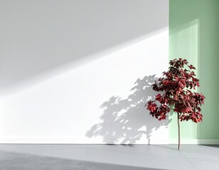 Minimal Red maple tree against white/green walls