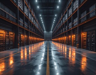 Gigantic warehouse aisle; reflecting, clean, bright