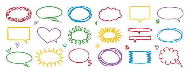 Colorful outline speech bubble set. pencil message form or clouds. Grunge style line frames.