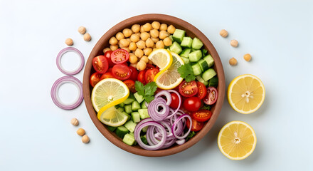 Fresh Chickpea and Vegetable Salad Bowl with Lemon and Red Onion