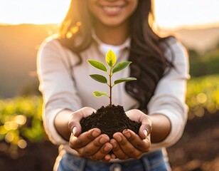 Smiling person holds sapling. Hopeful, sunny, growing
