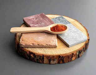 Spice in spoon on rustic wood with stone tiles