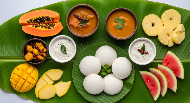 Vibrant South Indian Breakfast Spread with Idli, Sambar, Chutney, and Fresh Fruits