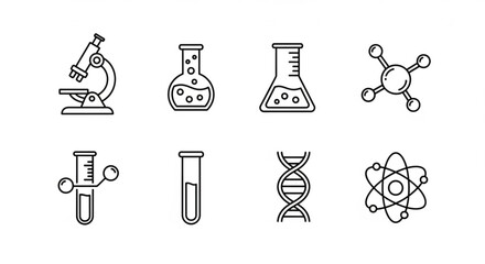 Line art illustration featuring science equipment such as microscope dna and beakers in a row design created with generated ai