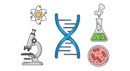 Illustration showing science equipment including atom, microscope, dna, flask, and petri dish created with generated ai