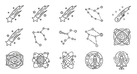 Illustration of various celestial objects including comets constellations and spacecraft in outline style created with generated ai