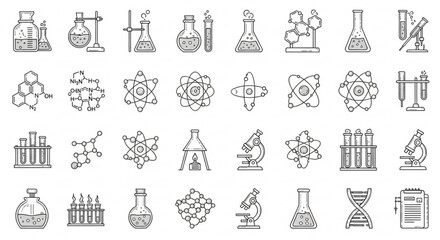 Illustration of chemistry and science lab equipment and molecular structures in black and white outline style created with generated ai