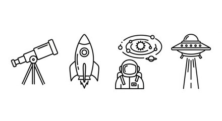 Illustration showing a telescope rocket astronaut solar system and ufo in a line art style design created with generated ai