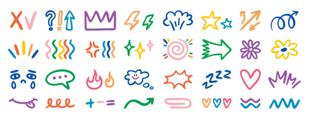 Random doodle small icons with hearts arrows checks and tears, hand drawn