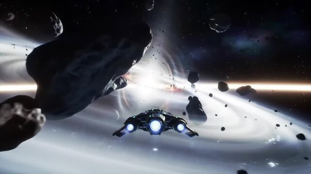 Spacecraft navigates asteroid field near cosmic galaxy and dark nebula