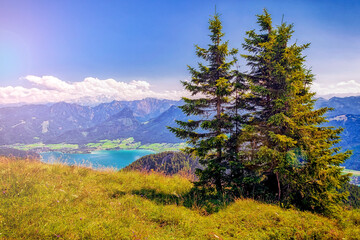 Impressive alpine landscape an idyllic alm over Lake Wolfgang in the Salzkammergut Mountains, Austria