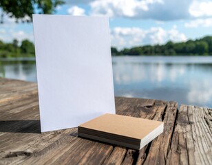 Blank card & stack on weathered dock, lake backdrop