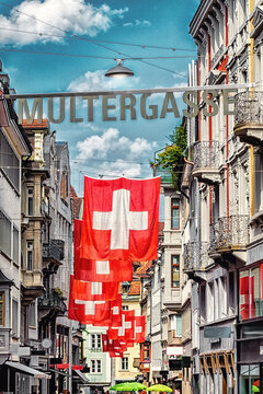 Famous shopping street Multergasse in St. Gallen in Switzerland - 07-28-2021