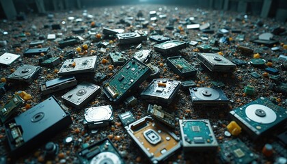 Scattered e-waste parts on ground. Old computer hard drives electronic components. Tech recycling concept shows electronic scrap. Digital waste reuse, repair, recovery for eco friendly disposal.