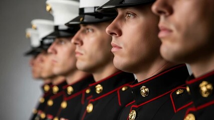 A line of young adult male Marines in their formal dress blue uniforms standing at attention, showcasing discipline and military pride.
