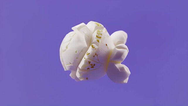 Isolated single golden popcorn piece on a clean pastel violet background