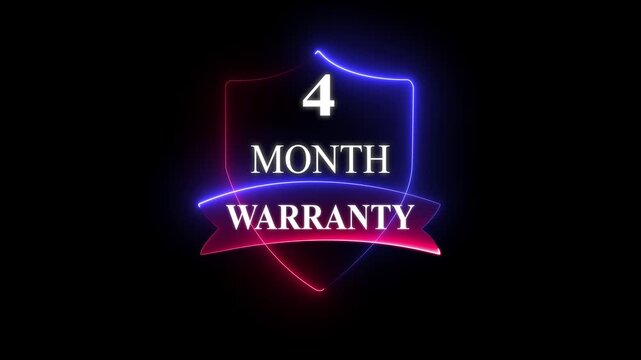 4 months neon warranty concept background. Support service icon, 4 month Warranty Stamp Imprint Seal Template. Round Rubber Stamp with Text Animation. with black background and 4k video animation