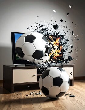 Soccer ball exploding through a TV screen