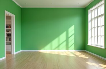 Obraz premium Bright empty room with green walls. Wooden floor and white window create interior design. Light fills the space. Perfect for home renovation decor or interior design.