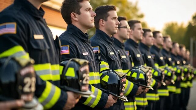 Formal line of diverse young adult male firefighters in dark blue uniforms with reflective stripes, holding their helmets outdoors at attention.