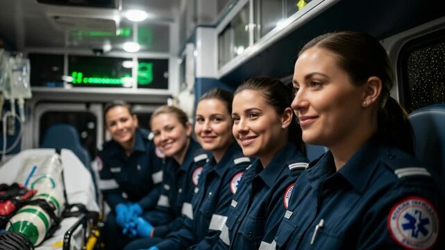 Group of five smiling young adult female paramedics and EMTs in dark blue uniforms sitting inside a modern ambulance, ready for emergency medical service.