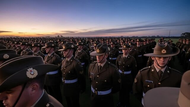 Hundreds of uniformed male soldiers in distinctive wide-brimmed slouch hats standing in solemn formation outdoors at sunrise.