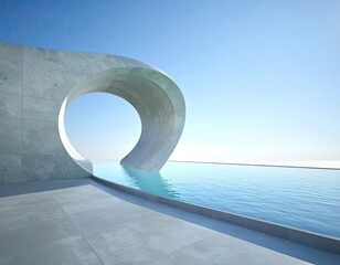 Modern concrete archway meets blue water, clear sky behind