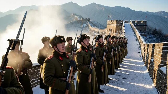 Disciplined Asian soldiers in winter uniforms stand guard with rifles on the snow-covered Great Wall of China during a cold, sunny day.