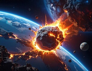 Fiery asteroid impact on Earth, space, other planets visible