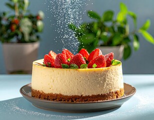 Strawberry cheesecake dusted with sugar, bright background