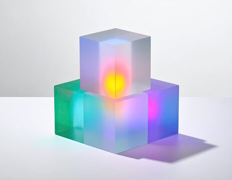 Stacked transparent cubes glow with colorful internal light