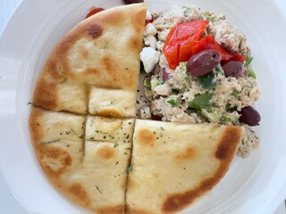 chicken salad, with pita bread and veggies. 