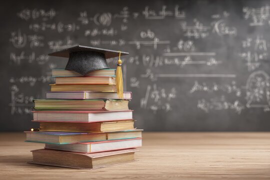 Stack of books with graduation cap in front of a chalkboard filled with math formulas